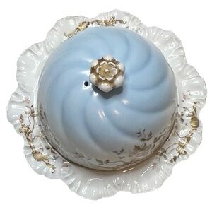 Alfred Lanternier Limoge antique rare blue floral painted cheese or butter dome